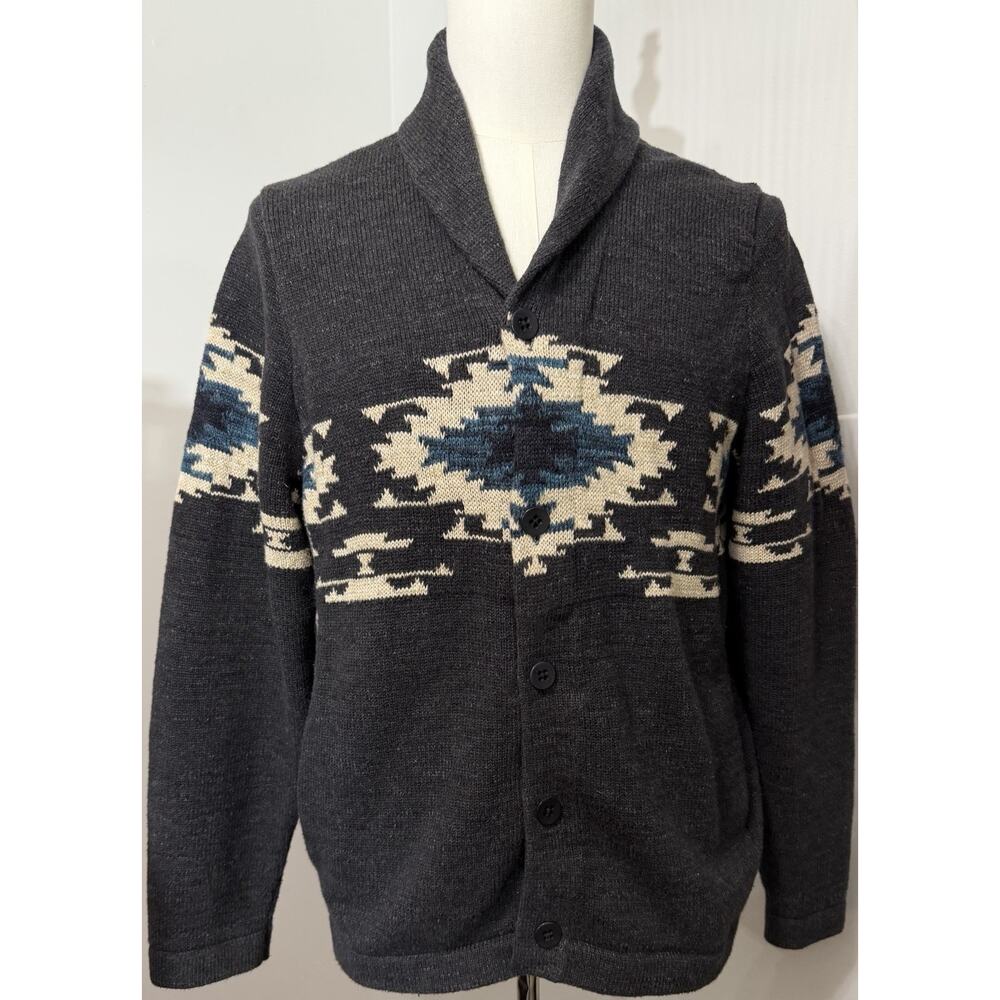 Lucky Brand Sweater Cardigan Heavy Aztec Southwestern Gray Men’s Large